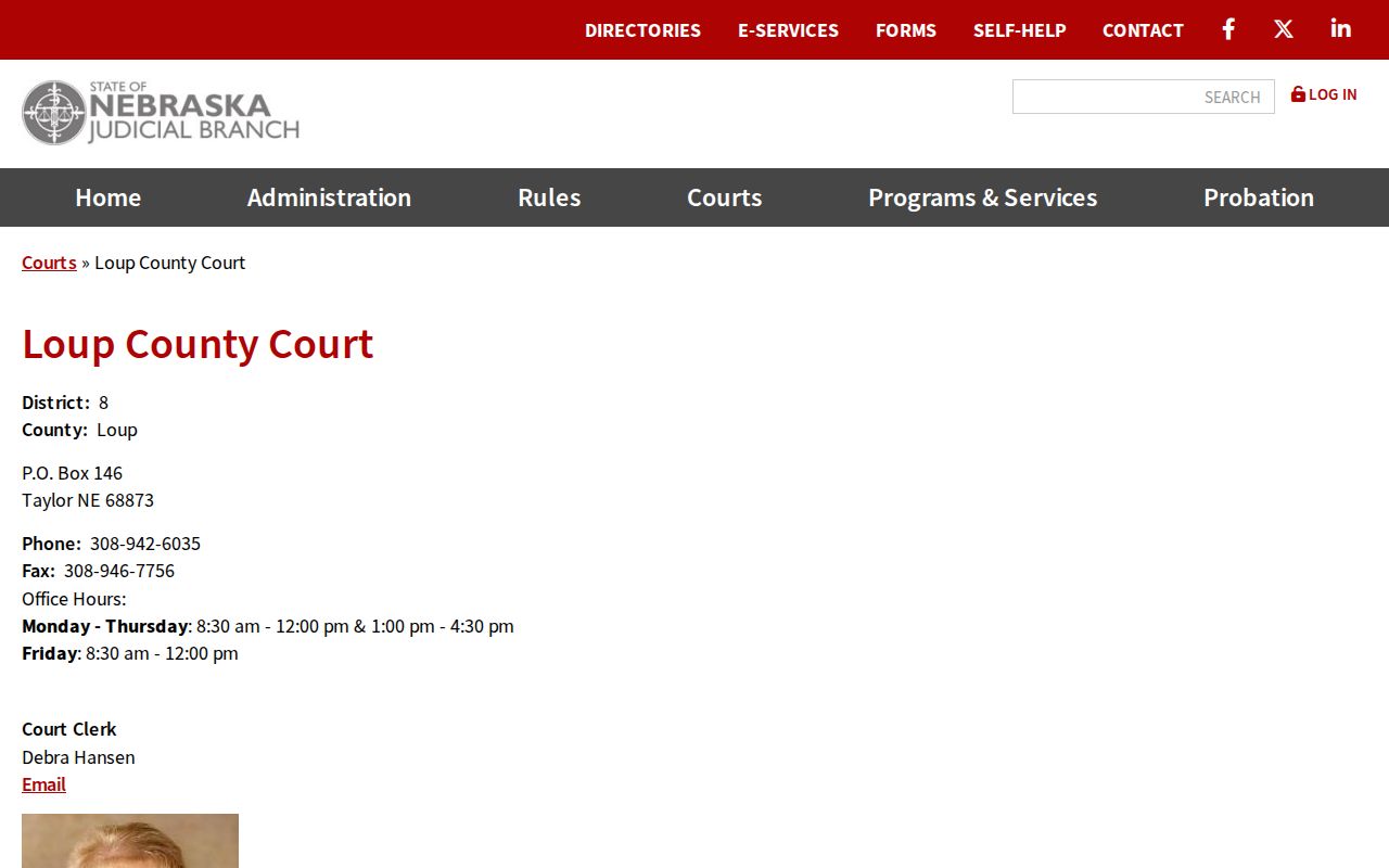 Official Loup County Court contact page and hours