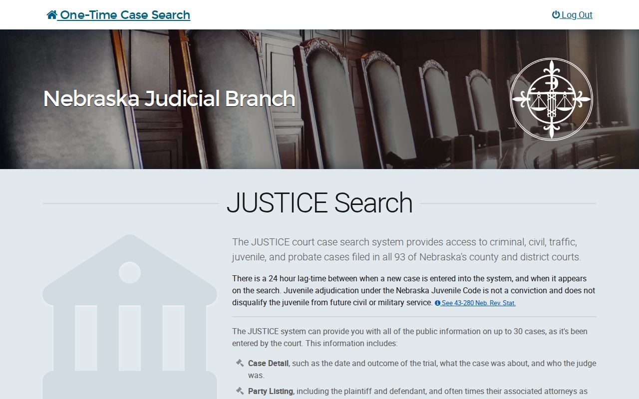 Nebraska JUSTICE one-time name search interface
