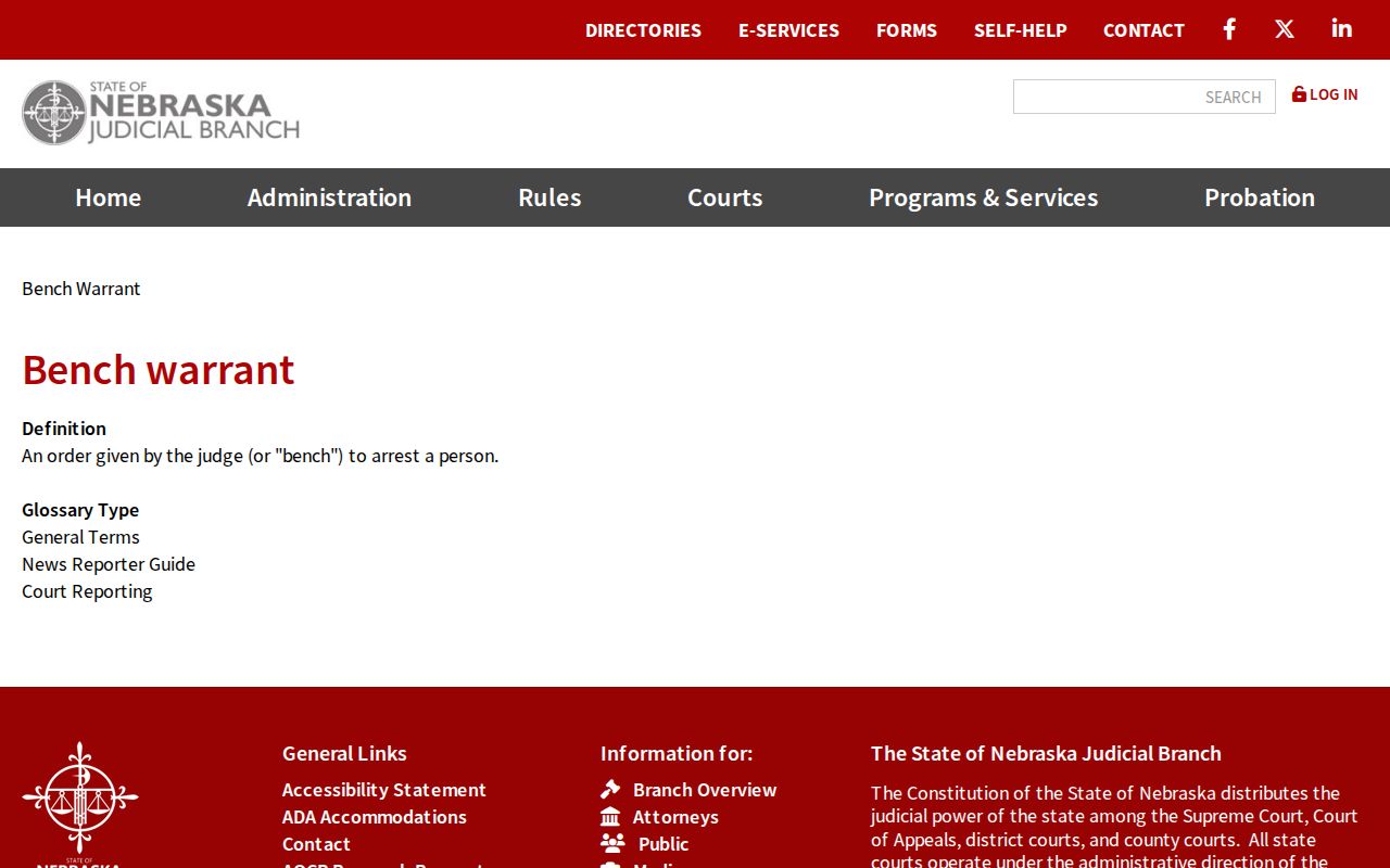 Nebraska Judicial Branch bench-warrant glossary definition