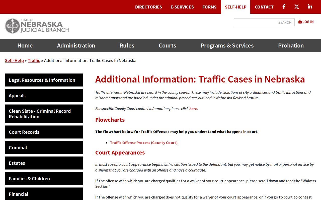 Nebraska Judicial Branch traffic case guidance page