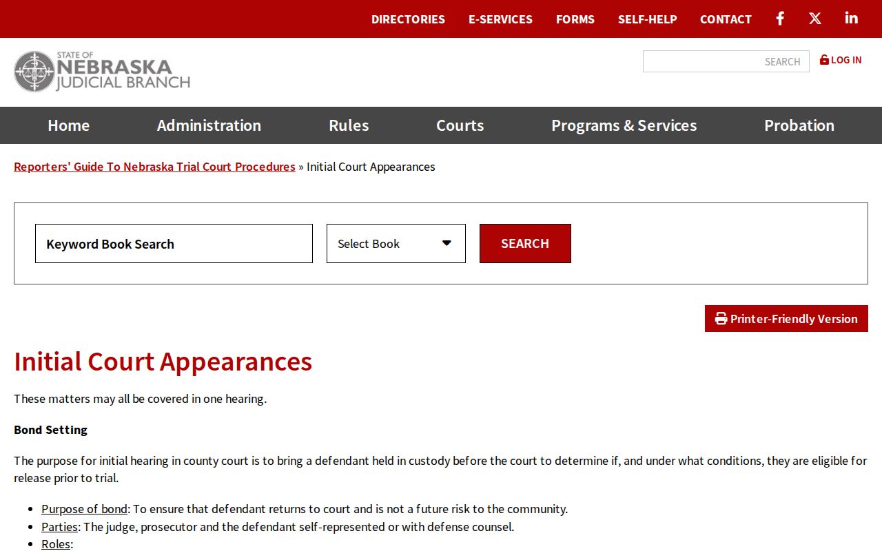 Nebraska Judicial Branch bond purpose and initial appearance guide