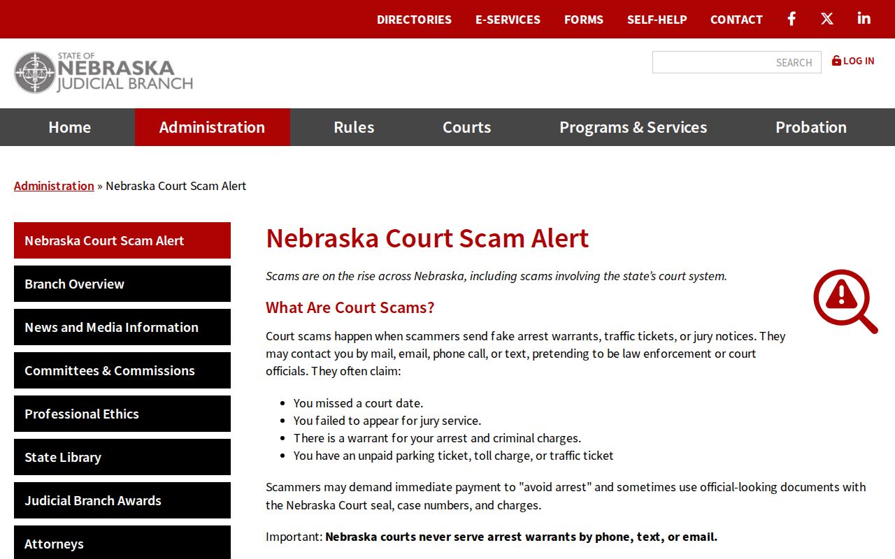 Nebraska Judicial Branch court scam warning about warrant calls
