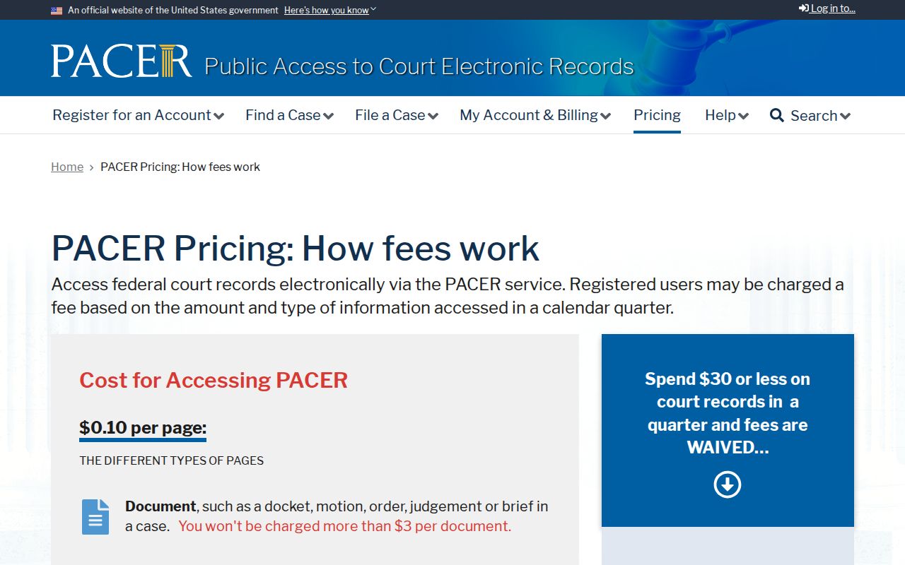 Official federal PACER docket access fee information